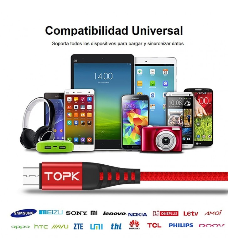 TOPK Cable Micro USB de carga rapida AN42, 1M, 3A, tipo C, Iphone, para telefono Samsung, Xiaomi, Huawei